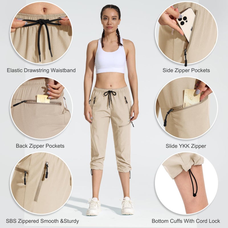 MOCOLY Women's Hiking Capris Pants Outdoor Lightweight Quick Dry Water Resistant UPF 50 Cargo Pants with Zipper Pockets Khaik M - Image 4